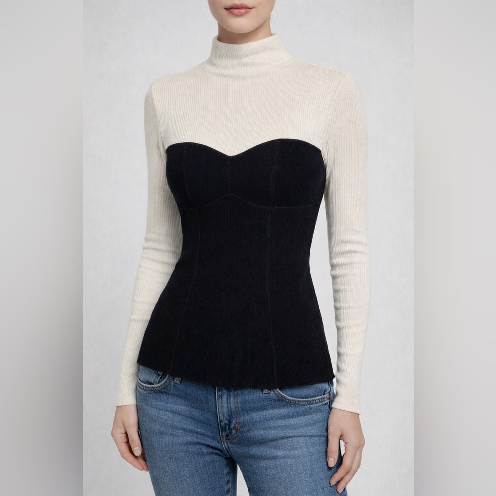 Theory Two-Tone Black and Cream Turtleneck Sweater